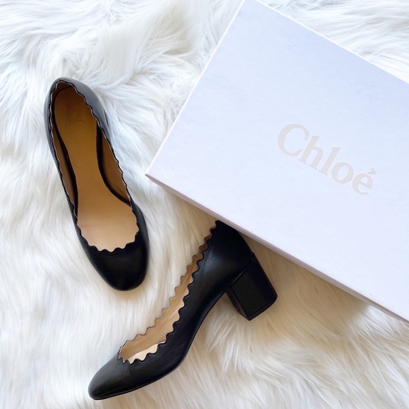 Chloe Lauren Black Scalloped Low Heel Pumps 35.5 - Picture 2 of 12